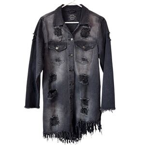 American Bazi | Distressed Oversized Long Denim Jean Jacket Torn Destroyed Sz M